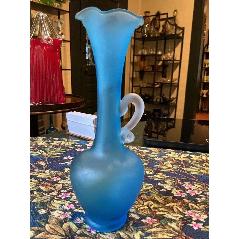 Vintage Peacock Blue Satin Glass 8 Inch High Bud Vase With Frosted Handle